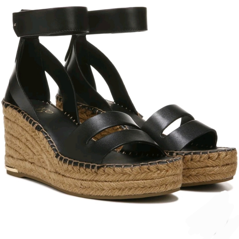 Franco Sarto Callia Espadrille Wedge Sandal In Black Leather Size 11
